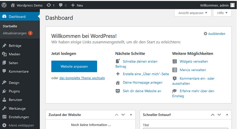 WordPress Administrationsbildschirm