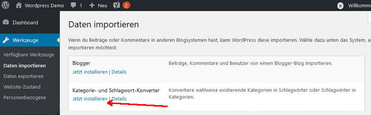 Kategorie- und Schlagworte-Konverter installieren